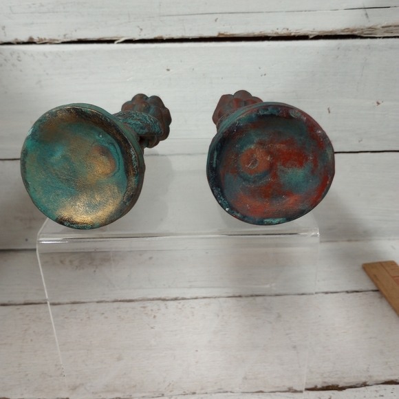 Set of 2 Angels Cherubs Candlestick Holders Vintage Shabby Chic Green Patina - Picture 9 of 12